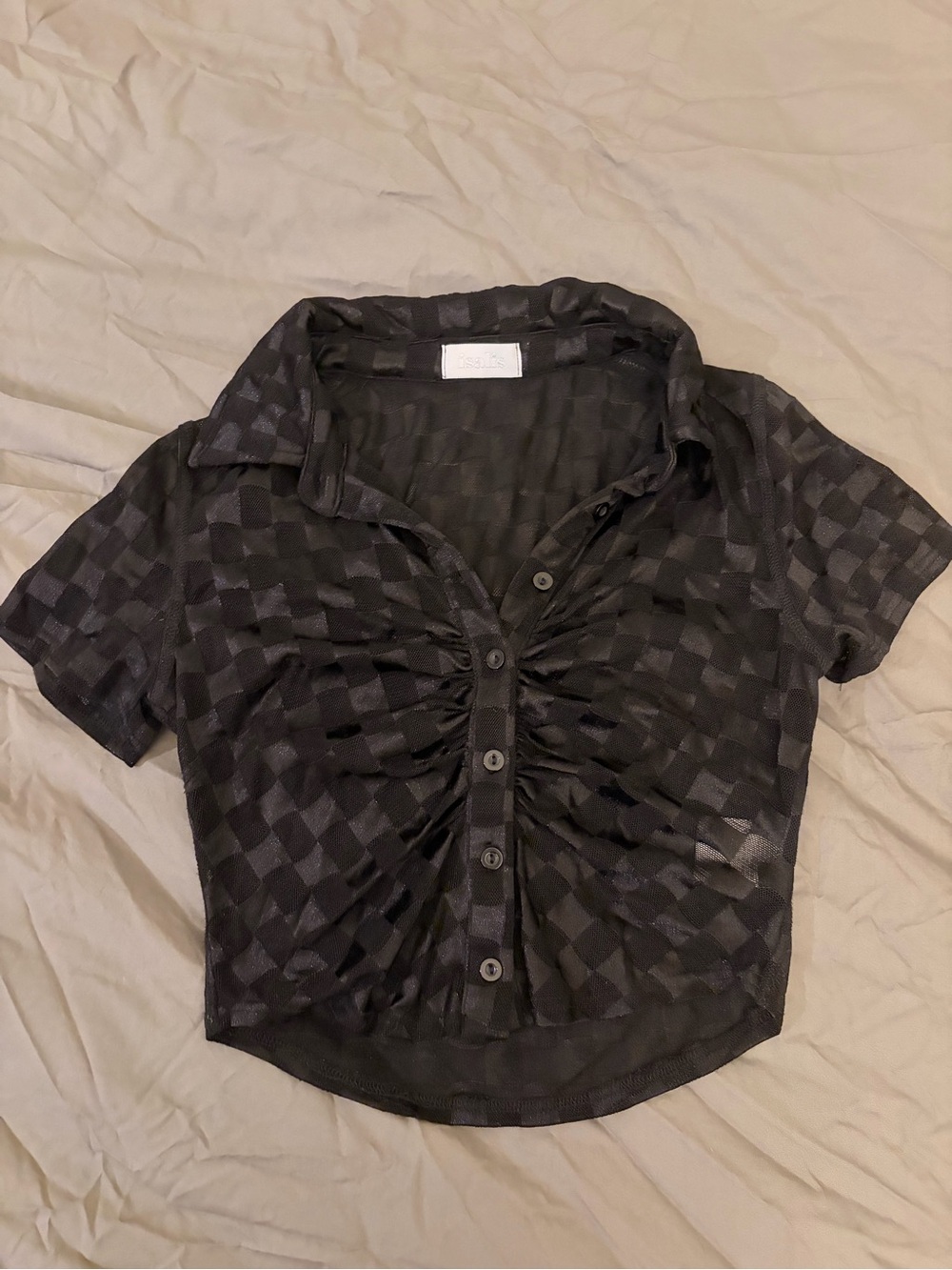 ISALIS Black Ruched Button-Front Mesh Top